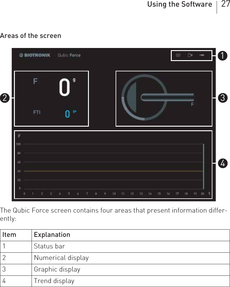 Using the Software 27Areas of the screenThe Qubic Force screen contains four areas that present information differ-ently:Item Explanation1 Status bar2 Numerical display3 Graphic display4 Trend display1324