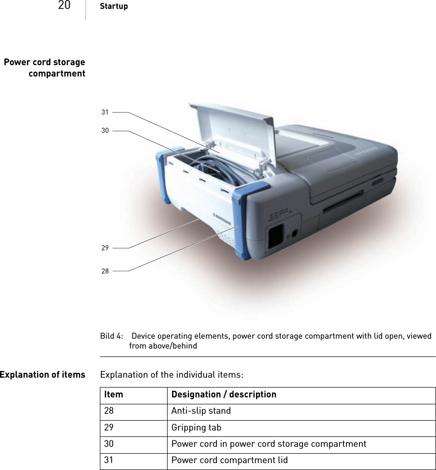 20 StartupPower cord storagecompartmentBild 4: Device operating elements, power cord storage compartment with lid open, viewed from above/behindExplanation of items Explanation of the individual items: 28293130Item Designation / description28 Anti-slip stand29 Gripping tab30 Power cord in power cord storage compartment31 Power cord compartment lid