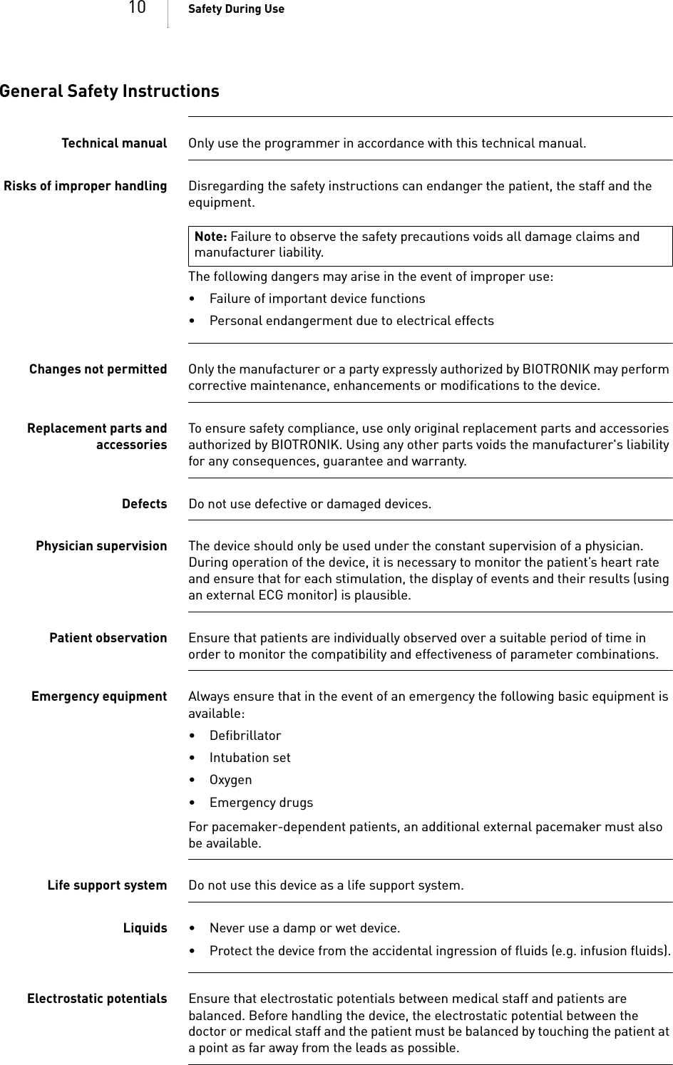 10 Safety During UseGeneral Safety InstructionsTechnical manual Only use the programmer in accordance with this technical manual.Risks of improper handling Disregarding the safety instructions can endanger the patient, the staff and the equipment.The following dangers may arise in the event of improper use: • Failure of important device functions• Personal endangerment due to electrical effectsChanges not permitted Only the manufacturer or a party expressly authorized by BIOTRONIK may perform corrective maintenance, enhancements or modifications to the device.Replacement parts andaccessoriesTo ensure safety compliance, use only original replacement parts and accessories authorized by BIOTRONIK. Using any other parts voids the manufacturer&apos;s liability for any consequences, guarantee and warranty.Defects Do not use defective or damaged devices.Physician supervision The device should only be used under the constant supervision of a physician. During operation of the device, it is necessary to monitor the patient’s heart rate and ensure that for each stimulation, the display of events and their results (using an external ECG monitor) is plausible.Patient observation Ensure that patients are individually observed over a suitable period of time in order to monitor the compatibility and effectiveness of parameter combinations.Emergency equipment Always ensure that in the event of an emergency the following basic equipment is available: •Defibrillator• Intubation set•Oxygen•Emergency drugsFor pacemaker-dependent patients, an additional external pacemaker must also be available.Life support system Do not use this device as a life support system.Liquids • Never use a damp or wet device.• Protect the device from the accidental ingression of fluids (e.g. infusion fluids).Electrostatic potentials Ensure that electrostatic potentials between medical staff and patients are balanced. Before handling the device, the electrostatic potential between the doctor or medical staff and the patient must be balanced by touching the patient at a point as far away from the leads as possible.Note: Failure to observe the safety precautions voids all damage claims and manufacturer liability.