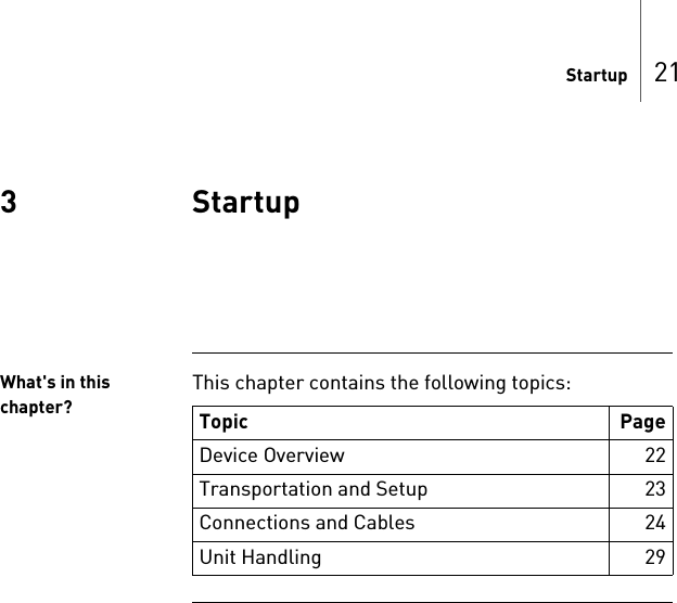 Startup 213 StartupStartup33 80184-DDoc-classEC M--SafeSync M oduleWhat&apos;s in this chapter?This chapter contains the following topics:  Topic PageDevice Overview 22Transportation and Setup 23Connections and Cables 24Unit Handling 29