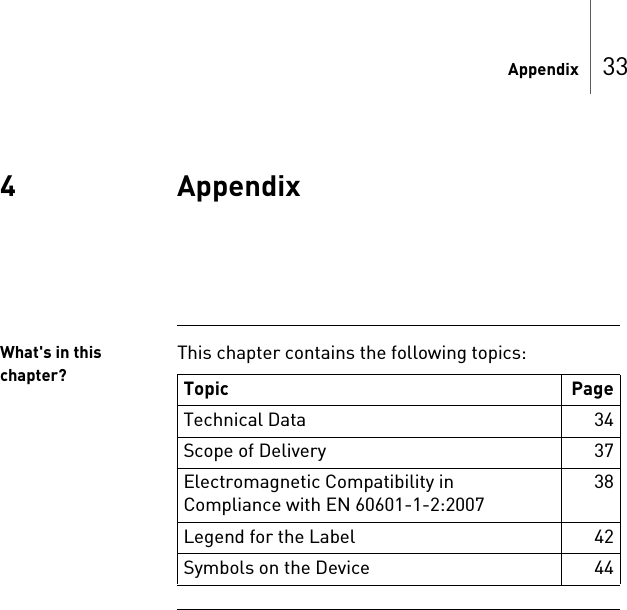 Appendix 334 AppendixAppendix4380184-DDoc-classECM-- SafeSync ModuleWhat&apos;s in this chapter?This chapter contains the following topics:  Topic PageTechnical Data 34Scope of Delivery 37Electromagnetic Compatibility in Compliance with EN 60601-1-2:200738Legend for the Label 42Symbols on the Device 44