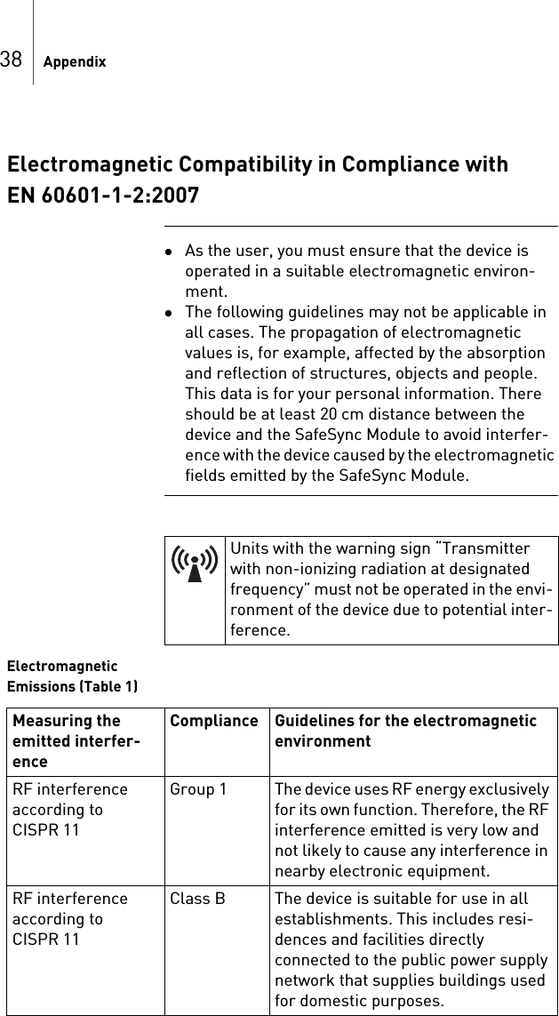 38 AppendixElectromagnetic Compatibility in Compliance with EN 60601-1-2:2007As the user, you must ensure that the device is operated in a suitable electromagnetic environ-ment. The following guidelines may not be applicable in all cases. The propagation of electromagnetic values is, for example, affected by the absorption and reflection of structures, objects and people. This data is for your personal information. There should be at least 20 cm distance between the device and the SafeSync Module to avoid interfer-ence with the device caused by the electromagnetic fields emitted by the SafeSync Module.Electromagnetic Emissions (Table 1)Units with the warning sign “Transmitter with non-ionizing radiation at designated frequency” must not be operated in the envi-ronment of the device due to potential inter-ference.Measuring the emitted interfer-enceCompliance Guidelines for the electromagnetic environmentRF interference according to CISPR 11Group 1 The device uses RF energy exclusively for its own function. Therefore, the RF interference emitted is very low and not likely to cause any interference in nearby electronic equipment.RF interference according to CISPR 11Class B The device is suitable for use in all establishments. This includes resi-dences and facilities directly connected to the public power supply network that supplies buildings used for domestic purposes.