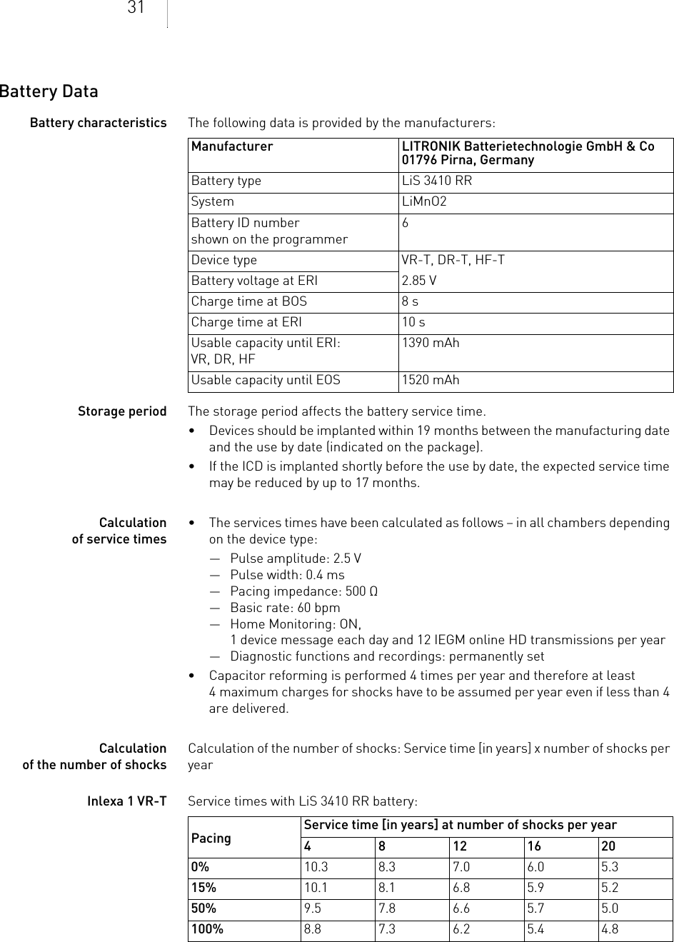 31Battery DataBattery characteristics The following data is provided by the manufacturers: Storage period The storage period affects the battery service time.• Devices should be implanted within 19 months between the manufacturing date and the use by date (indicated on the package).• If the ICD is implanted shortly before the use by date, the expected service time may be reduced by up to 17 months.Calculation of service times• The services times have been calculated as follows – in all chambers depending on the device type:— Pulse amplitude: 2.5 V— Pulse width: 0.4 ms— Pacing impedance: 500 Ω— Basic rate: 60 bpm— Home Monitoring: ON,  1 device message each day and 12 IEGM online HD transmissions per year— Diagnostic functions and recordings: permanently set• Capacitor reforming is performed 4 times per year and therefore at least 4 maximum charges for shocks have to be assumed per year even if less than 4 are delivered.Calculation of the number of shocksCalculation of the number of shocks: Service time [in years] x number of shocks per yearInlexa 1 VR-T Service times with LiS 3410 RR battery:  Manufacturer LITRONIK Batterietechnologie GmbH &amp; Co01796 Pirna, GermanyBattery type LiS 3410 RRSystem LiMnO2Battery ID number shown on the programmer6Device type VR-T, DR-T, HF-TBattery voltage at ERI 2.85 VCharge time at BOS 8 sCharge time at ERI  10 sUsable capacity until ERI:  VR, DR, HF1390 mAhUsable capacity until EOS 1520 mAhPacing Service time [in years] at number of shocks per year481216200% 10.3 8.3 7.0 6.0 5.315% 10.1 8.1 6.8 5.9 5.250% 9.5 7.8 6.6 5.7 5.0100% 8.8 7.3 6.2 5.4 4.8