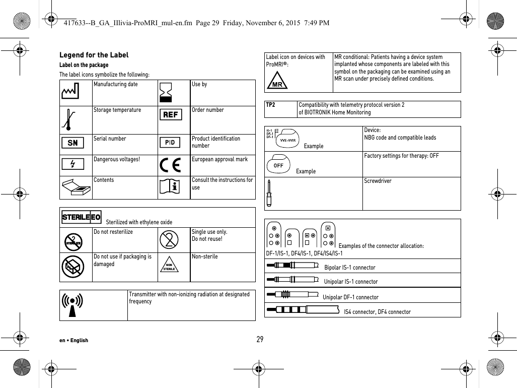 en • English29Legend for the LabelLabel on the packageThe label icons symbolize the following: Manufacturing date Use byStorage temperature Order numberSerial number Product identification numberDangerous voltages! European approval markContents Consult the instructions for use Sterilized with ethylene oxideDo not resterilize Single use only. Do not reuse!Do not use if packaging is damagedNon-sterileTransmitter with non-ionizing radiation at designated frequencyNONSTERILELabel icon on devices with ProMRI®:MR conditional: Patients having a device system implanted whose components are labeled with this symbol on the packaging can be examined using an MR scan under precisely defined conditions.TP2Compatibility with telemetry protocol version 2 of BIOTRONIK Home Monitoring ExampleDevice: NBG code and compatible leadsExampleFactory settings for therapy: OFFScrewdriver  Examples of the connector allocation:DF-1/IS-1, DF4/IS-1, DF4/IS4/IS-1Bipolar IS-1 connectorUnipolar IS-1 connector Unipolar DF-1 connector IS4 connector, DF4 connector 417633--B_GA_IIlivia-ProMRI_mul-en.fm  Page 29  Friday, November 6, 2015  7:49 PM