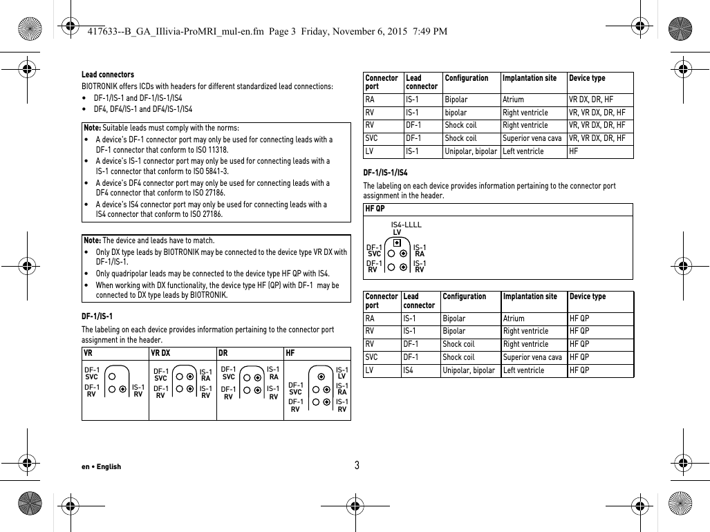 en • English3Lead connectorsBIOTRONIK offers ICDs with headers for different standardized lead connections:•DF-1/IS-1 and DF-1/IS-1/IS4•DF4, DF4/IS-1 and DF4/IS-1/IS4Note: Suitable leads must comply with the norms:•A device&apos;s DF-1 connector port may only be used for connecting leads with a DF-1 connector that conform to ISO 11318.•A device&apos;s IS-1 connector port may only be used for connecting leads with a IS-1 connector that conform to ISO 5841-3.•A device&apos;s DF4 connector port may only be used for connecting leads with a DF4 connector that conform to ISO 27186.•A device&apos;s IS4 connector port may only be used for connecting leads with a IS4 connector that conform to ISO 27186.Note: The device and leads have to match.•Only DX type leads by BIOTRONIK may be connected to the device type VR DX with DF-1/IS-1.•Only quadripolar leads may be connected to the device type HF QP with IS4.•When working with DX functionality, the device type HF (QP) with DF-1  may be connected to DX type leads by BIOTRONIK.DF-1/IS-1The labeling on each device provides information pertaining to the connector port assignment in the header. DF-1/IS-1/IS4The labeling on each device provides information pertaining to the connector port assignment in the header. VR VR DX DR HF DF-1RVSVCDF-1IS-1RV DF-1RVSVCDF-1 IS-1RAIS-1RV DF-1 RV SVCDF-1 IS-1RAIS-1RV DF-1RVSVCDF-1 IS-1RAIS-1RVLVIS-1Connector port  Lead connector Configuration Implantation site Device typeRA IS-1 Bipolar Atrium VR DX, DR, HFRV IS-1 bipolar Right ventricle VR, VR DX, DR, HFRV DF-1 Shock coil Right ventricle VR, VR DX, DR, HFSVC DF-1 Shock coil Superior vena cava VR, VR DX, DR, HFLV IS-1 Unipolar, bipolar Left ventricle HFHF QPConnector port  Lead connector Configuration Implantation site Device typeRA IS-1 Bipolar Atrium HF QPRV IS-1 Bipolar Right ventricle HF QPRV DF-1 Shock coil Right ventricle HF QPSVC DF-1 Shock coil Superior vena cava HF QPLV IS4 Unipolar, bipolar Left ventricle HF QPIS4-LLLLLVIS-1RAIS-1RVDF-1SVCDF-1RV417633--B_GA_IIlivia-ProMRI_mul-en.fm  Page 3  Friday, November 6, 2015  7:49 PM