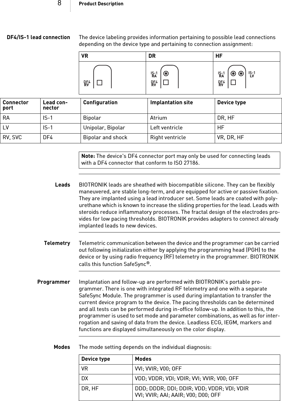 8Product DescriptionDF4/IS-1 lead connection The device labeling provides information pertaining to possible lead connections depending on the device type and pertaining to connection assignment: Leads BIOTRONIK leads are sheathed with biocompatible silicone. They can be flexibly maneuvered, are stable long-term, and are equipped for active or passive fixation. They are implanted using a lead introducer set. Some leads are coated with poly-urethane which is known to increase the sliding properties for the lead. Leads with steroids reduce inflammatory processes. The fractal design of the electrodes pro-vides for low pacing thresholds. BIOTRONIK provides adapters to connect already implanted leads to new devices.Telemetry Telemetric communication between the device and the programmer can be carried out following initialization either by applying the programming head (PGH) to the device or by using radio frequency (RF) telemetry in the programmer. BIOTRONIK calls this function SafeSync®.Programmer Implantation and follow-up are performed with BIOTRONIK&apos;s portable pro-grammer. There is one with integrated RF telemetry and one with a separate SafeSync Module. The programmer is used during implantation to transfer the current device program to the device. The pacing thresholds can be determined and all tests can be performed during in-office follow-up. In addition to this, the programmer is used to set mode and parameter combinations, as well as for inter-rogation and saving of data from the device. Leadless ECG, IEGM, markers and functions are displayed simultaneously on the color display.Modes The mode setting depends on the individual diagnosis: VR DR HFDF4  RVDF4  RVIS-1RADF4  RVIS-1RA IS-1LVConnector port  Lead con-nector Configuration Implantation site Device typeRA IS-1 Bipolar Atrium DR, HFLV IS-1 Unipolar, Bipolar Left ventricle HFRV, SVC DF4 Bipolar and shock Right ventricle VR, DR, HFNote: The device&apos;s DF4 connector port may only be used for connecting leads with a DF4 connector that conform to ISO 27186.Device type ModesVR VVI; VVIR; V00; OFFDX VDD; VDDR; VDI; VDIR; VVI; VVIR; V00; OFFDR, HF DDD; DDDR; DDI; DDIR; VDD; VDDR; VDI; VDIRVVI; VVIR; AAI; AAIR; V00; D00; OFF