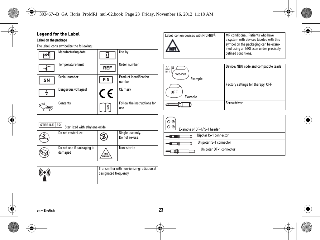 en • English23Legend for the LabelLabel on the packageThe label icons symbolize the following: Manufacturing date Use byTemperature limit Order numberSerial number Product identification numberDangerous voltages! CE markContents Follow the instructions for use  Sterilized with ethylene oxideDo not resterilize Single use only.  Do not re-use!Do not use if packaging is damagedNon-sterileTransmitter with non-ionizing radiation at designated frequencySTERILIZE2NONSTERILELabel icon on devices with ProMRI®:MR conditional: Patients who have a system with devices labeled with this symbol on the packaging can be exam-ined using an MRI scan under precisely defined conditions. ExampleDevice: NBG code and compatible leads  ExampleFactory settings for therapy: OFFScrewdriver   Example of DF-1/IS-1 headerBipolar IS-1 connectorUnipolar IS-1 connector  Unipolar DF-1 connector393467--B_GA_Iforia_ProMRI_mul-02.book  Page 23  Friday, November 16, 2012  11:18 AM