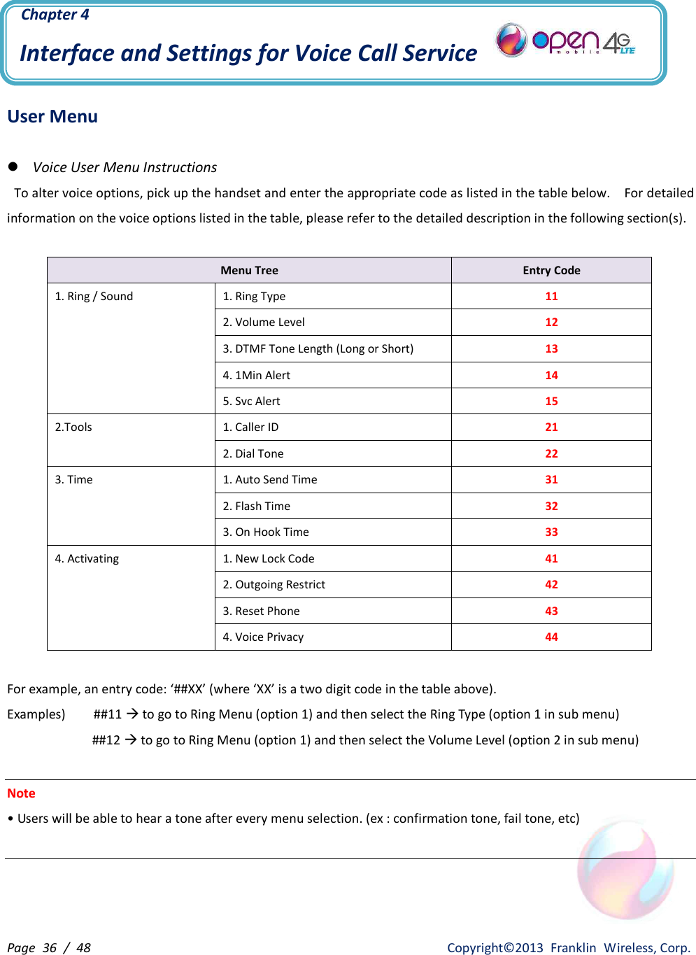 Page  36  /  48                   Copyright©2013  Franklin  Wireless, Corp.  Chapter 4 Interface and Settings for Voice Call Service  User Menu  l Voice User Menu Instructions To alter voice options, pick up the handset and enter the appropriate code as listed in the table below.    For detailed information on the voice options listed in the table, please refer to the detailed description in the following section(s).  Menu Tree Entry Code 1. Ring / Sound 1. Ring Type 11 2. Volume Level 12 3. DTMF Tone Length (Long or Short) 13 4. 1Min Alert 14 5. Svc Alert 15 2.Tools 1. Caller ID 21 2. Dial Tone 22 3. Time 1. Auto Send Time 31 2. Flash Time 32 3. On Hook Time 33 4. Activating 1. New Lock Code 41 2. Outgoing Restrict 42 3. Reset Phone 43 4. Voice Privacy 44  For example, an entry code: ‘##XX’ (where ‘XX’ is a two digit code in the table above).   Examples)        ##11 à to go to Ring Menu (option 1) and then select the Ring Type (option 1 in sub menu)                           ##12 à to go to Ring Menu (option 1) and then select the Volume Level (option 2 in sub menu)  Note • Users will be able to hear a tone after every menu selection. (ex : confirmation tone, fail tone, etc) 