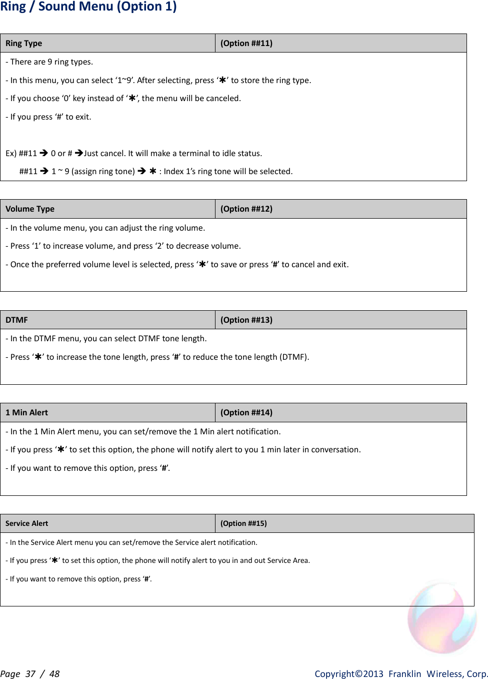 Page  37  /  48                   Copyright©2013  Franklin  Wireless, Corp. Ring / Sound Menu (Option 1)  Ring Type   (Option ##11) - There are 9 ring types. - In this menu, you can select ‘1~9’. After selecting, press ‘Þ’ to store the ring type. - If you choose ‘0’ key instead of ‘Þ’, the menu will be canceled. - If you press ‘#’ to exit.  Ex) ##11 è 0 or # èJust cancel. It will make a terminal to idle status.       ##11 è 1 ~ 9 (assign ring tone) è Þ : Index 1’s ring tone will be selected.  Volume Type   (Option ##12) - In the volume menu, you can adjust the ring volume. - Press ‘1’ to increase volume, and press ‘2’ to decrease volume. - Once the preferred volume level is selected, press ‘Þ’ to save or press ‘#’ to cancel and exit.   DTMF   (Option ##13) - In the DTMF menu, you can select DTMF tone length. - Press ‘Þ’ to increase the tone length, press ‘#’ to reduce the tone length (DTMF).   1 Min Alert   (Option ##14) - In the 1 Min Alert menu, you can set/remove the 1 Min alert notification. - If you press ‘Þ’ to set this option, the phone will notify alert to you 1 min later in conversation. - If you want to remove this option, press ‘#’.   Service Alert (Option ##15) - In the Service Alert menu you can set/remove the Service alert notification. - If you press ‘Þ’ to set this option, the phone will notify alert to you in and out Service Area. - If you want to remove this option, press ‘#’.    