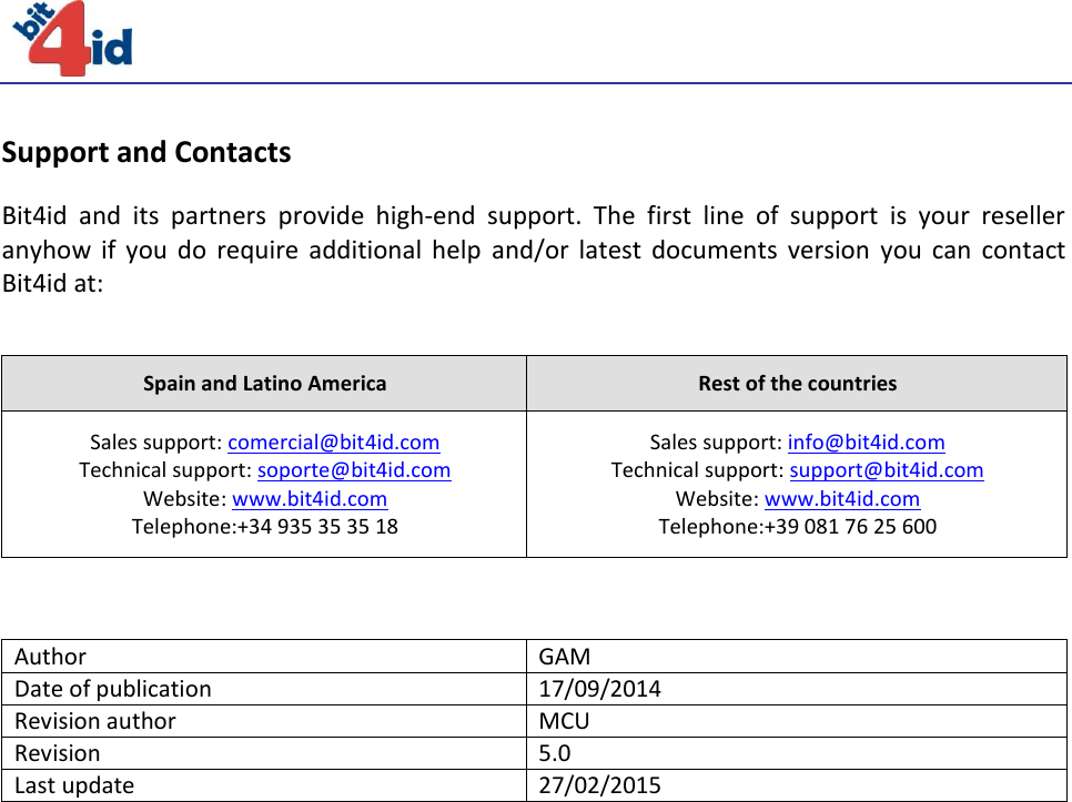    Support and Contacts Bit4id  and  its  partners  provide  high-end  support.  The  first  line  of  support  is  your  reseller anyhow  if  you  do  require  additional  help  and/or  latest  documents  version  you  can  contact Bit4id at:  Spain and Latino America Rest of the countries Sales support: comercial@bit4id.com Technical support: soporte@bit4id.com Website: www.bit4id.com Telephone:+34 935 35 35 18 Sales support: info@bit4id.com Technical support: support@bit4id.com Website: www.bit4id.com Telephone:+39 081 76 25 600    Author GAM Date of publication 17/09/2014 Revision author MCU Revision 5.0 Last update 27/02/2015    