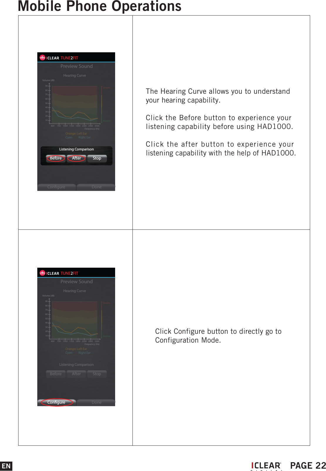 TUNE2FITPreview SoundHearing CurveListening ComparisonBefore After StopCongure Done102030405060708090Volume (dB)400 750 1050 1350 1800 2300 2900 3500SevereNormalOrange: Left EarCyan:     Right EarFrequency (Hz)CongureClick Configure button to directly go to Configuration Mode.EN PAGE 22Mobile Phone OperationsIThe Hearing Curve allows you to understand your hearing capability.Click the Before button to experience your listening capability before using HAD1000.Click the after button to experience your listening capability with the help of HAD1000.TUNE2FITPreview SoundHearing CurveListening ComparisonBefore After StopCongure Done102030405060708090Volume (dB)400 750 1050 1350 1800 2300 2900 3500SevereNormalOrange: Left EarCyan:     Right EarFrequency (Hz)Listening ComparisonBefore After StopListening ComparisonBefore After Stop