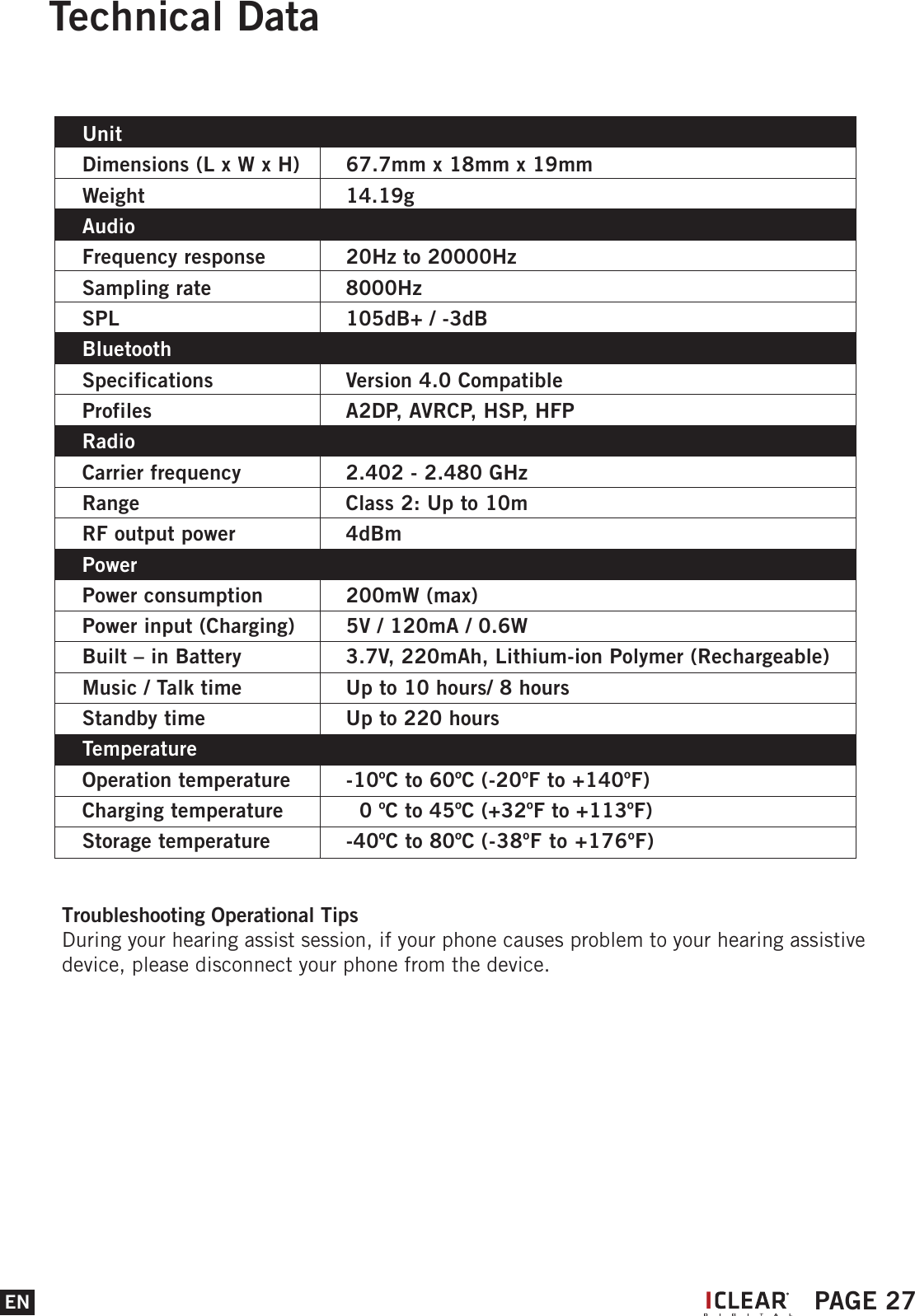 Unit   Dimensions (L x W x H)  67.7mm x 18mm x 19mmWeight     14.19g  Audio    Frequency response  20Hz to 20000HzSampling rate    8000HzSPL      105dB+ / -3dBBluetoothSpecifications    Version 4.0 CompatibleProfiles      A2DP, AVRCP, HSP, HFPRadioCarrier frequency    2.402 - 2.480 GHzRange      Class 2: Up to 10mRF output power    4dBmPowerPower consumption  200mW (max)Power input (Charging)  5V / 120mA / 0.6WBuilt &ndash; in Battery    3.7V, 220mAh, Lithium-ion Polymer (Rechargeable)Music / Talk time    Up to 10 hours/ 8 hoursStandby time    Up to 220 hoursTemperatureOperation temperature  -10&ordm;C to 60&ordm;C (-20&ordm;F to +140&ordm;F)Charging temperature    0 &ordm;C to 45&ordm;C (+32&ordm;F to +113&ordm;F)Storage temperature  -40&ordm;C to 80&ordm;C (-38&ordm;F to +176&ordm;F)       Technical DataTroubleshooting Operational TipsDuring your hearing assist session, if your phone causes problem to your hearing assistive device, please disconnect your phone from the device.EN PAGE 27I