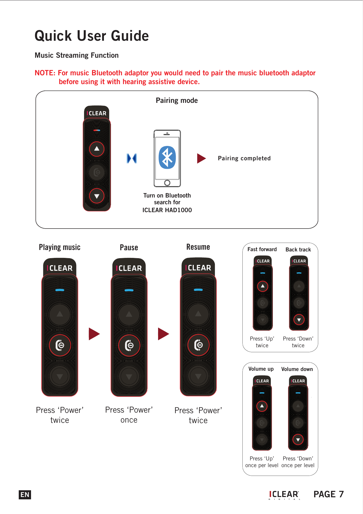 Quick User GuideMusic Streaming FunctionNOTE: For music Bluetooth adaptor you would need to pair the music bluetooth adaptor    before using it with hearing assistive device.Pairing modePress &lsquo;Power&rsquo;twicePlaying musicPress &lsquo;Power&rsquo;oncePausePress &lsquo;Power&rsquo;twiceResumeENPress &lsquo;Up&rsquo;twiceFast forwardPress &lsquo;Down&rsquo;twiceBack trackPress &lsquo;Up&rsquo;once per levelVolume upPress &lsquo;Down&rsquo;once per levelVolume downPairing completedTurn on Bluetoothsearch forICLEAR HAD1000IPAGE 7