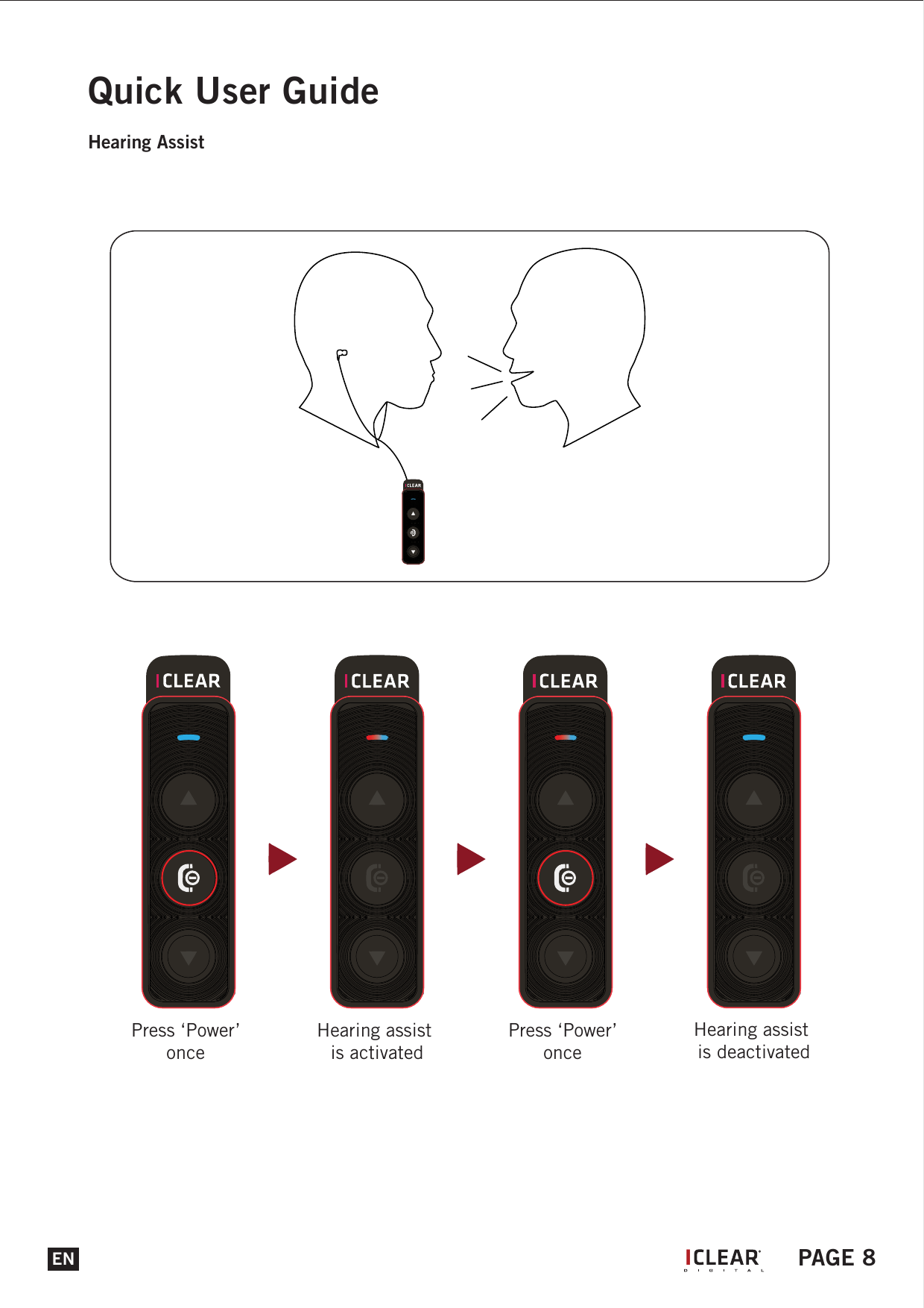 Press &lsquo;Power&rsquo; once Hearing assist is activatedPress &lsquo;Power&rsquo; once Hearing assist is deactivatedEN PAGE 8Quick User GuideHearing AssistI