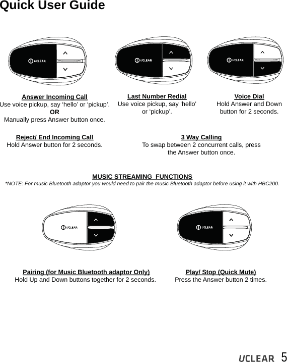 5Quick User GuideAnswer Incoming CallUse voice pickup, say &lsquo;hello&rsquo; or &lsquo;pickup&rsquo;.ORManually press Answer button once.Reject/ End Incoming CallHold Answer button for 2 seconds.Last Number RedialUse voice pickup, say &lsquo;hello&rsquo;or &lsquo;pickup&rsquo;.Voice DialHold Answer and Downbutton for 2 seconds.3 Way CallingTo swap between 2 concurrent calls, pressthe Answer button once.MUSIC STREAMING  FUNCTIONS*NOTE: For music Bluetooth adaptor you would need to pair the music Bluetooth adaptor before using it with HBC200.Pairing (for Music Bluetooth adaptor Only)Hold Up and Down buttons together for 2 seconds.  Play/ Stop (Quick Mute)Press the Answer button 2 times.