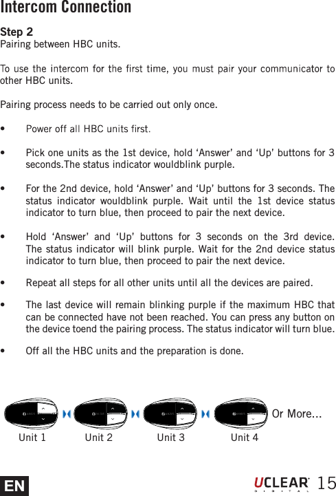 ENOr More...Unit 1 Unit 2 Unit 3 Unit 4Step 2Pairing between HBC units.other HBC units. Pairing process needs to be carried out only once. s s  Pick one units as the 1st device, hold &lsquo;Answer&rsquo; and &lsquo;Up&rsquo; buttons for 3 seconds.The status indicator wouldblink purple. s  For the 2nd device, hold &lsquo;Answer&rsquo; and &lsquo;Up&rsquo; buttons for 3 seconds. The status indicator wouldblink purple. Wait until the 1st device status indicator to turn blue, then proceed to pair the next device.s  Hold &lsquo;Answer&rsquo; and &lsquo;Up&rsquo; buttons for 3 seconds on the 3rd device. The status indicator will blink purple. Wait for the 2nd device status indicator to turn blue, then proceed to pair the next device.s  Repeat all steps for all other units until all the devices are paired.s  The last device will remain blinking purple if the maximum HBC that can be connected have not been reached. You can press any button on the device toend the pairing process. The status indicator will turn blue.s  Off all the HBC units and the preparation is done.Intercom Connection15