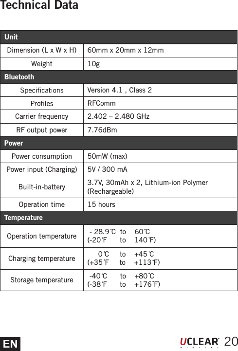 ENTechnical DataUnitDimension (L x W x H) 60mm x 20mm x 12mmWeight 10gBluetoothVersion 4.1 , Class 2RFCommCarrier frequency 2.402 &ndash; 2.480 GHzRF output power 7.76dBmPowerPower consumption 50mW (max)Power input (Charging) 5V / 300 mABuilt-in-battery 3.7V, 30mAh x 2, Lithium-ion Polymer (Rechargeable)Operation time 15 hoursTemperatureOperation temperature  - 28.9 C  to    60 C(-20 F      to    140 F)Charging temperature      0 C     to    +45 C(+35 F     to    +113 F)Storage temperature  -40 C      to    +80 C(-38 F      to    +176 F)20