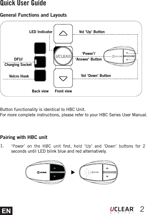 EN 2Quick User GuideGeneral Functions and LayoutsButton functionality is identical to HBC Unit.For more complete instructions, please refer to your HBC Series User Manual.Velcro HookDFU/ Charging Socket&lsquo;Power&rsquo;/ &lsquo;Answer&rsquo; ButtonVol &lsquo;Up&rsquo; ButtonVol &lsquo;Down&rsquo; ButtonLED IndicatorBack view Front viewPairing with HBC unit1. seconds until LED blink blue and red alternatively.
