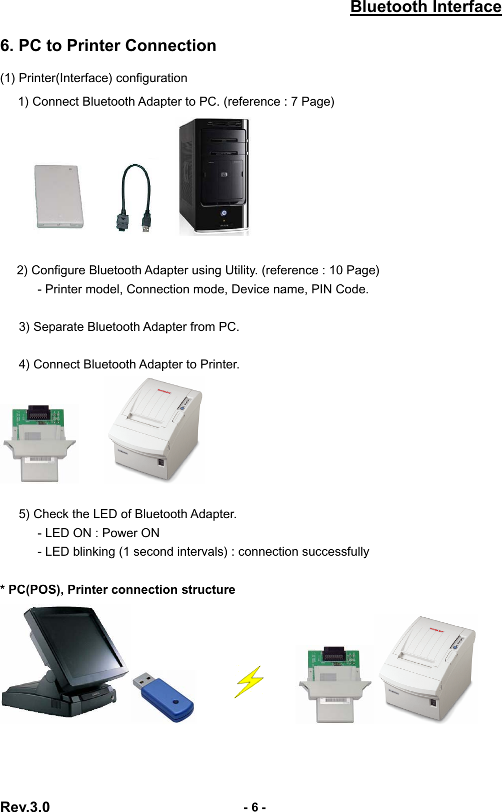 Bluetooth InterfaceRev.3.0  - 6 -6. PC to Printer Connection (1) Printer(Interface) configuration ٻ    1) Connect Bluetooth Adapter to PC. (reference : 7 Page)       ٻٻٻٻ  2) Configure Bluetooth Adapter using Utility. (reference : 10 Page)             - Printer model, Connection mode, Device name, PIN Code.       3) Separate Bluetooth Adapter from PC.       4) Connect Bluetooth Adapter to Printer.       5) Check the LED of Bluetooth Adapter. - LED ON : Power ON             - LED blinking (1 second intervals) : connection successfully   * PC(POS), Printer connection structure ٻٻٻٻٻٻٻٻٻٻٻٻٻٻٻٻٻٻٻ ٻ