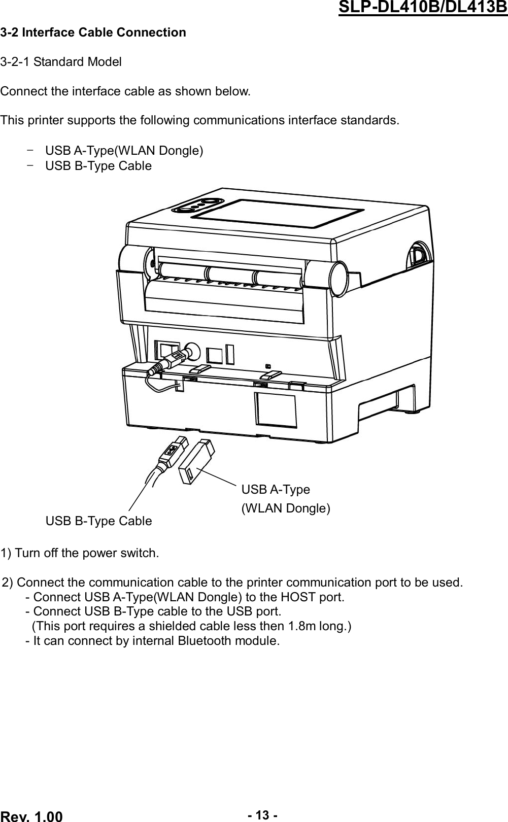  Rev. 1.00 - 13 - SLP-DL410B/DL413B 3-2 Interface Cable Connection  3-2-1 Standard Model  Connect the interface cable as shown below.  This printer supports the following communications interface standards.  -  USB A-Type(WLAN Dongle) -  USB B-Type Cable            1) Turn off the power switch.  2) Connect the communication cable to the printer communication port to be used. - Connect USB A-Type(WLAN Dongle) to the HOST port. - Connect USB B-Type cable to the USB port. (This port requires a shielded cable less then 1.8m long.) - It can connect by internal Bluetooth module.    USB B-Type Cable USB A-Type (WLAN Dongle) 