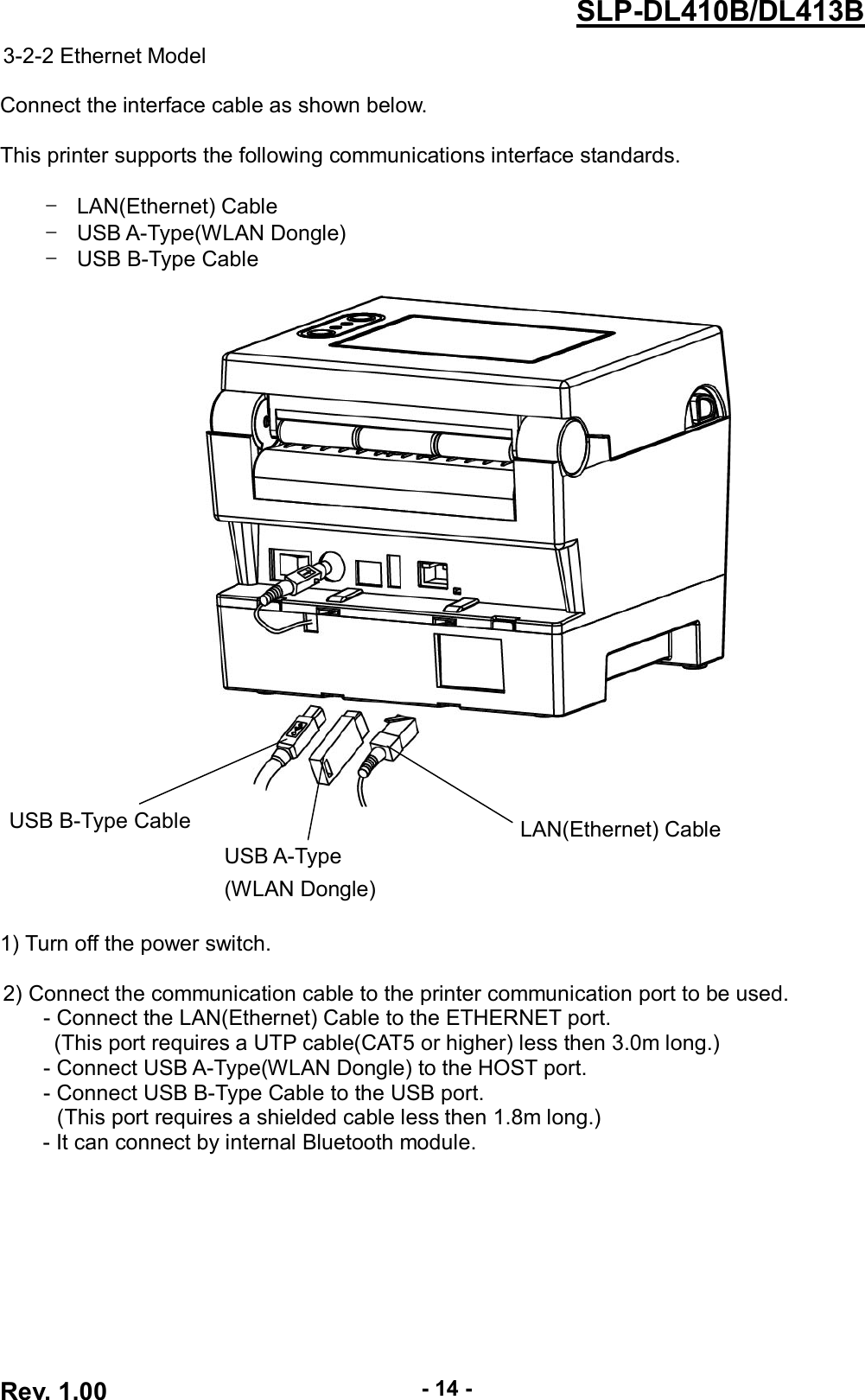  Rev. 1.00 - 14 - SLP-DL410B/DL413B 3-2-2 Ethernet Model  Connect the interface cable as shown below.  This printer supports the following communications interface standards.  -  LAN(Ethernet) Cable -  USB A-Type(WLAN Dongle) -  USB B-Type Cable             1) Turn off the power switch.  2) Connect the communication cable to the printer communication port to be used. - Connect the LAN(Ethernet) Cable to the ETHERNET port. (This port requires a UTP cable(CAT5 or higher) less then 3.0m long.) - Connect USB A-Type(WLAN Dongle) to the HOST port. - Connect USB B-Type Cable to the USB port.           (This port requires a shielded cable less then 1.8m long.) - It can connect by internal Bluetooth module. USB B-Type Cable  LAN(Ethernet) Cable USB A-Type (WLAN Dongle) 