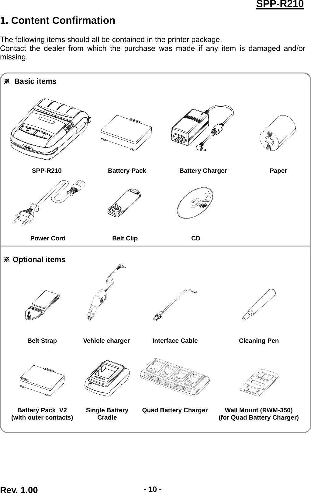  SPP-R210 1. Content Confirmation  The following items should all be contained in the printer package. Contact the dealer from which the purchase was made if any item is damaged and/or missing.   ※ Basic items           SPP-R210 Battery Pack Battery Charger Paper             Power Cord  Belt Clip    CD    ※ Optional items         Belt Strap  Vehicle charger  Interface Cable  Cleaning Pen            Battery Pack_V2 (with outer contacts) Single Battery Cradle Quad Battery Charger  Wall Mount (RWM-350) (for Quad Battery Charger)         Rev. 1.00  - 10 - 