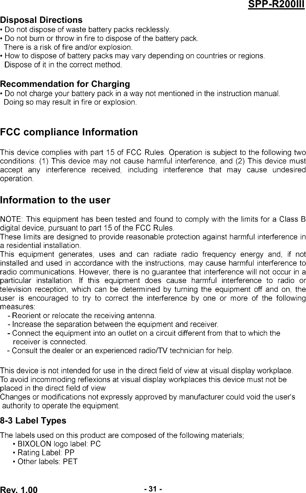 Rev. 1.00-31-SPP-R200IIIDisposal DirectionsRecommendation for ChargingFCC compliance InformationInformation to the user8-3 Label Types