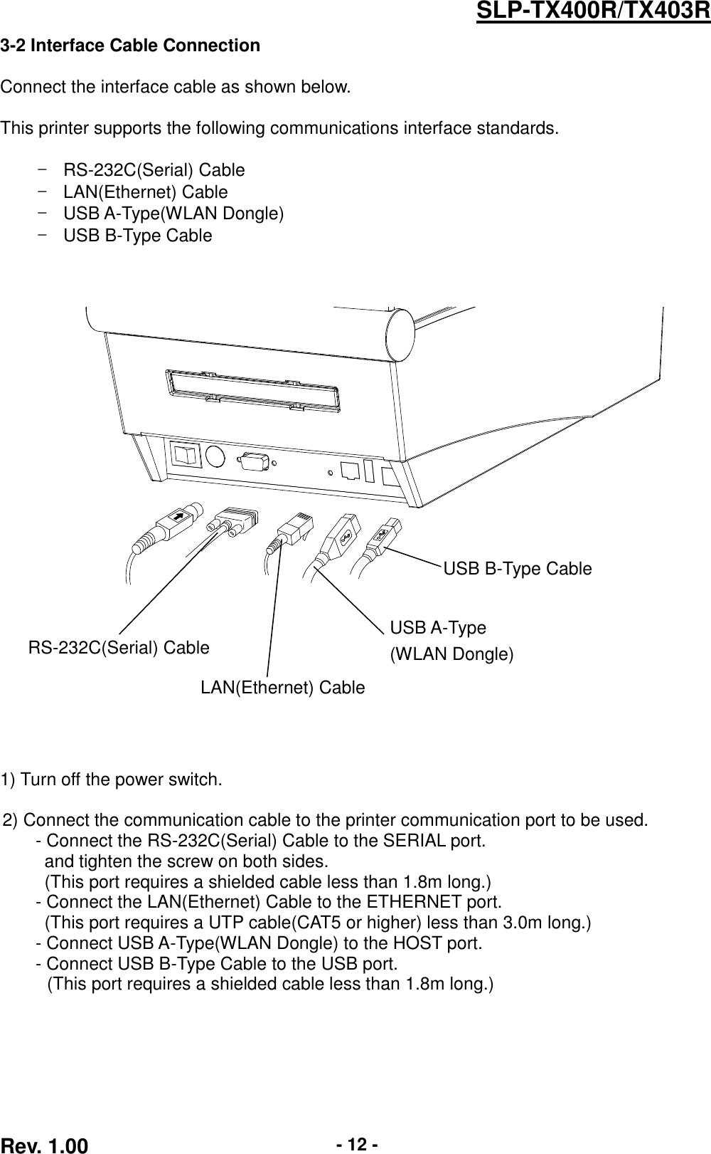  Rev. 1.00 - 12 - SLP-TX400R/TX403R 3-2 Interface Cable Connection  Connect the interface cable as shown below.  This printer supports the following communications interface standards.  - RS-232C(Serial) Cable -  LAN(Ethernet) Cable -  USB A-Type(WLAN Dongle) -  USB B-Type Cable                   1) Turn off the power switch.  2) Connect the communication cable to the printer communication port to be used. - Connect the RS-232C(Serial) Cable to the SERIAL port. and tighten the screw on both sides. (This port requires a shielded cable less than 1.8m long.) - Connect the LAN(Ethernet) Cable to the ETHERNET port. (This port requires a UTP cable(CAT5 or higher) less than 3.0m long.) - Connect USB A-Type(WLAN Dongle) to the HOST port. - Connect USB B-Type Cable to the USB port.      (This port requires a shielded cable less than 1.8m long.)  USB B-Type Cable RS-232C(Serial) Cable LAN(Ethernet) Cable USB A-Type (WLAN Dongle) 
