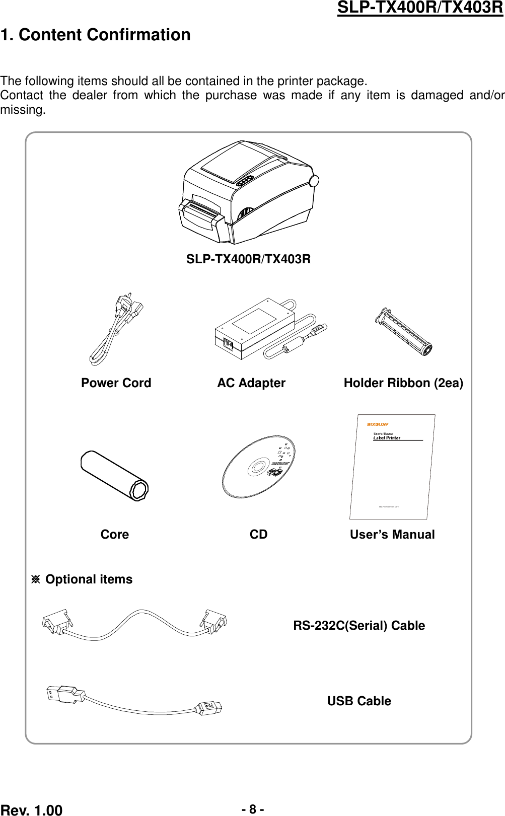  Rev. 1.00 - 8 - SLP-TX400R/TX403R 1. Content Confirmation   The following items should all be contained in the printer package. Contact  the  dealer  from  which  the  purchase  was  made  if  any  item  is  damaged  and/or missing.    SLP-TX400R/TX403R      Power Cord AC Adapter Holder Ribbon (2ea)      Core CD User’s Manual   ※ Optional items    RS-232C(Serial) Cable    USB Cable   