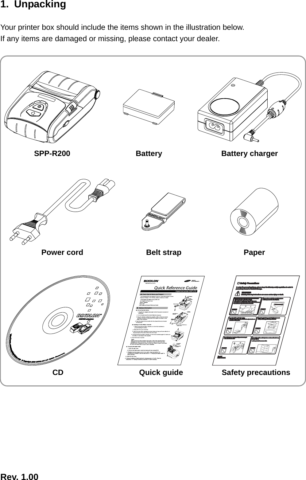  Rev. 1.00  1. Unpacking  Your printer box should include the items shown in the illustration below. If any items are damaged or missing, please contact your dealer.       SPP-R200 Battery Battery charger      Power cord  Belt strap  Paper                                                                                                                                                                  CD  Quick guide  Safety precautions 