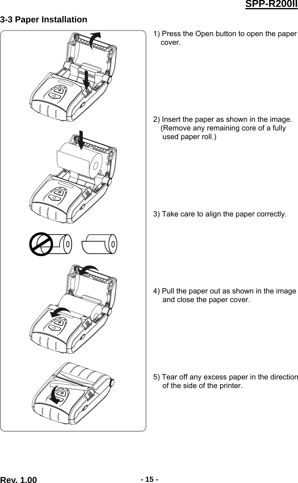  Rev. 1.00  - 15 -SPP-R200II3-3 Paper Installation 1) Press the Open button to open the paper cover.         2) Insert the paper as shown in the image. (Remove any remaining core of a fully used paper roll.)         3) Take care to align the paper correctly.         4) Pull the paper out as shown in the image and close the paper cover.         5) Tear off any excess paper in the direction of the side of the printer.          