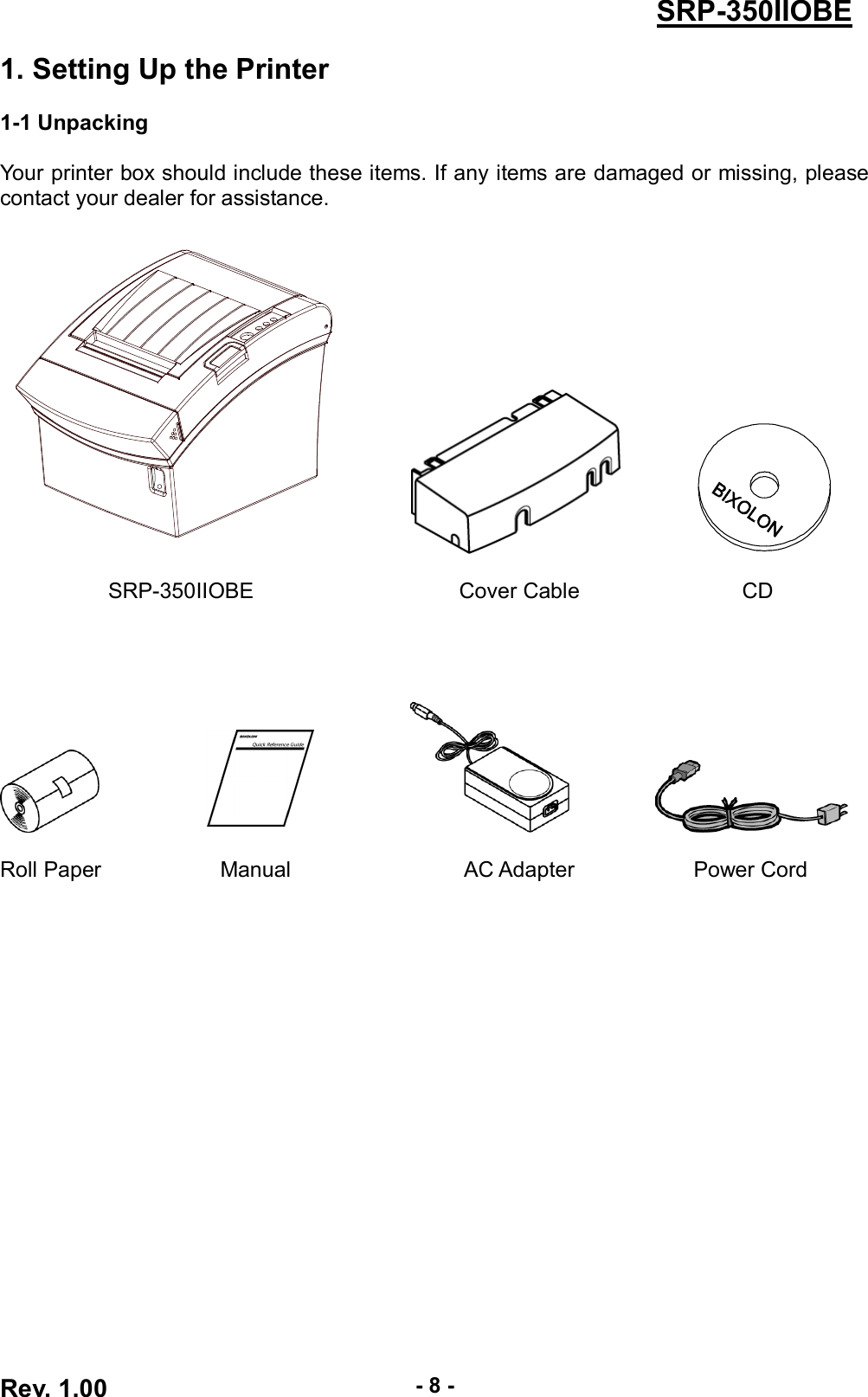  Rev. 1.00 - 8 - SRP-350IIOBE 1. Setting Up the Printer  1-1 Unpacking  Your printer box should include these items. If any items are damaged or missing, please contact your dealer for assistance.                    SRP-350IIOBE                                      Cover Cable                              CD                                     Roll Paper                      Manual                                AC Adapter                      Power Cord 