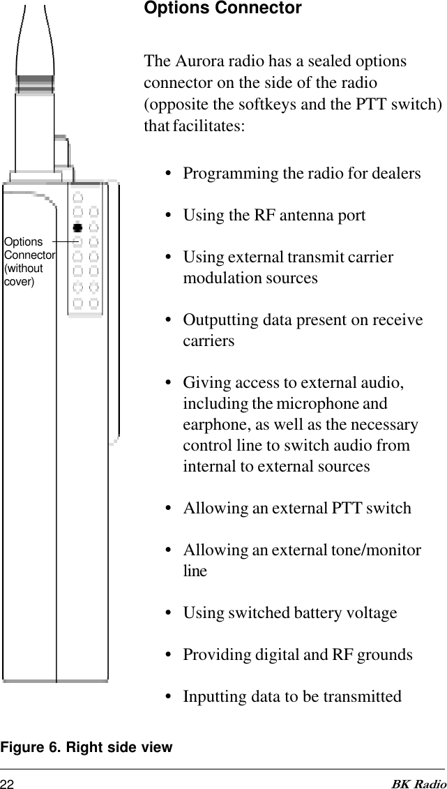 22 BK RadioOptions ConnectorThe Aurora radio has a sealed optionsconnector on the side of the radio(opposite the softkeys and the PTT switch)that facilitates:•Programming the radio for dealers•Using the RF antenna port•Using external transmit carriermodulation sources•Outputting data present on receivecarriers•Giving access to external audio,including the microphone andearphone, as well as the necessarycontrol line to switch audio frominternal to external sources•Allowing an external PTT switch•Allowing an external tone/monitorline•Using switched battery voltage•Providing digital and RF grounds•Inputting data to be transmittedOptionsConnector(withoutcover)Figure 6. Right side view
