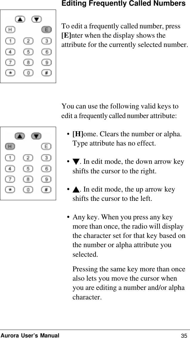 35Aurora User’s ManualEditing Frequently Called NumbersTo edit a frequently called number, press[E]nter when the display shows theattribute for the currently selected number.You can use the following valid keys toedit a frequently called number attribute:•[H]ome. Clears the number or alpha.Type attribute has no effect.•. In edit mode, the down arrow keyshifts the cursor to the right.•. In edit mode, the up arrow keyshifts the cursor to the left.•Any key. When you press any keymore than once, the radio will displaythe character set for that key based onthe number or alpha attribute youselected.Pressing the same key more than oncealso lets you move the cursor whenyou are editing a number and/or alphacharacter.
