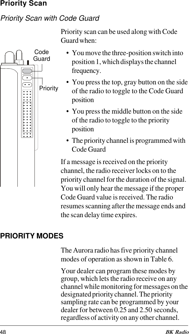 48 BK RadioPriority ScanPriority Scan with Code GuardPriority scan can be used along with CodeGuard when:• You move the three-position switch intoposition 1, which displays the channelfrequency.• You press the top, gray button on the sideof the radio to toggle to the Code Guardposition• You press the middle button on the sideof the radio to toggle to the priorityposition• The priority channel is programmed withCode GuardIf a message is received on the prioritychannel, the radio receiver locks on to thepriority channel for the duration of the signal.You will only hear the message if the properCode Guard value is received. The radioresumes scanning after the message ends andthe scan delay time expires.PRIORITY MODESThe Aurora radio has five priority channelmodes of operation as shown in Table 6.Your dealer can program these modes bygroup, which lets the radio receive on anychannel while monitoring for messages on thedesignated priority channel. The prioritysampling rate can be programmed by yourdealer for between 0.25 and 2.50 seconds,regardless of activity on any other channel..... . . . . . . . . . . . . . . . . . . . . . . . . . . . . . . . . . . . . . . . . . . . . . . . . . .  CodeGuard Priority