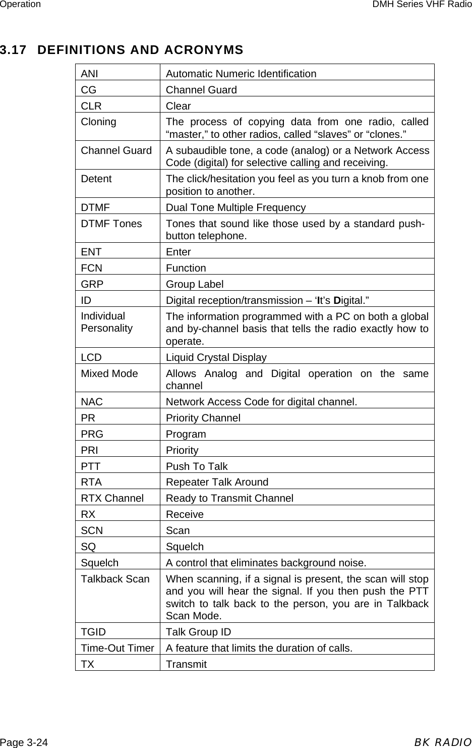 Operation  DMH Series VHF Radio  Page 3-24  BK RADIO 3.17  DEFINITIONS AND ACRONYMS ANI  Automatic Numeric Identification CG Channel Guard CLR Clear Cloning  The process of copying data from one radio, called “master,” to other radios, called “slaves” or “clones.” Channel Guard  A subaudible tone, a code (analog) or a Network Access Code (digital) for selective calling and receiving. Detent  The click/hesitation you feel as you turn a knob from one position to another. DTMF  Dual Tone Multiple Frequency DTMF Tones  Tones that sound like those used by a standard push-button telephone. ENT Enter FCN Function GRP Group Label ID  Digital reception/transmission – ‘It’s Digital.” Individual Personality  The information programmed with a PC on both a global and by-channel basis that tells the radio exactly how to operate. LCD Liquid Crystal Display Mixed Mode  Allows Analog and Digital operation on the same channel NAC  Network Access Code for digital channel. PR Priority Channel PRG Program PRI Priority  PTT  Push To Talk RTA  Repeater Talk Around RTX Channel  Ready to Transmit Channel RX Receive SCN Scan SQ Squelch Squelch  A control that eliminates background noise. Talkback Scan  When scanning, if a signal is present, the scan will stop and you will hear the signal. If you then push the PTT switch to talk back to the person, you are in Talkback Scan Mode. TGID  Talk Group ID Time-Out Timer  A feature that limits the duration of calls. TX Transmit  