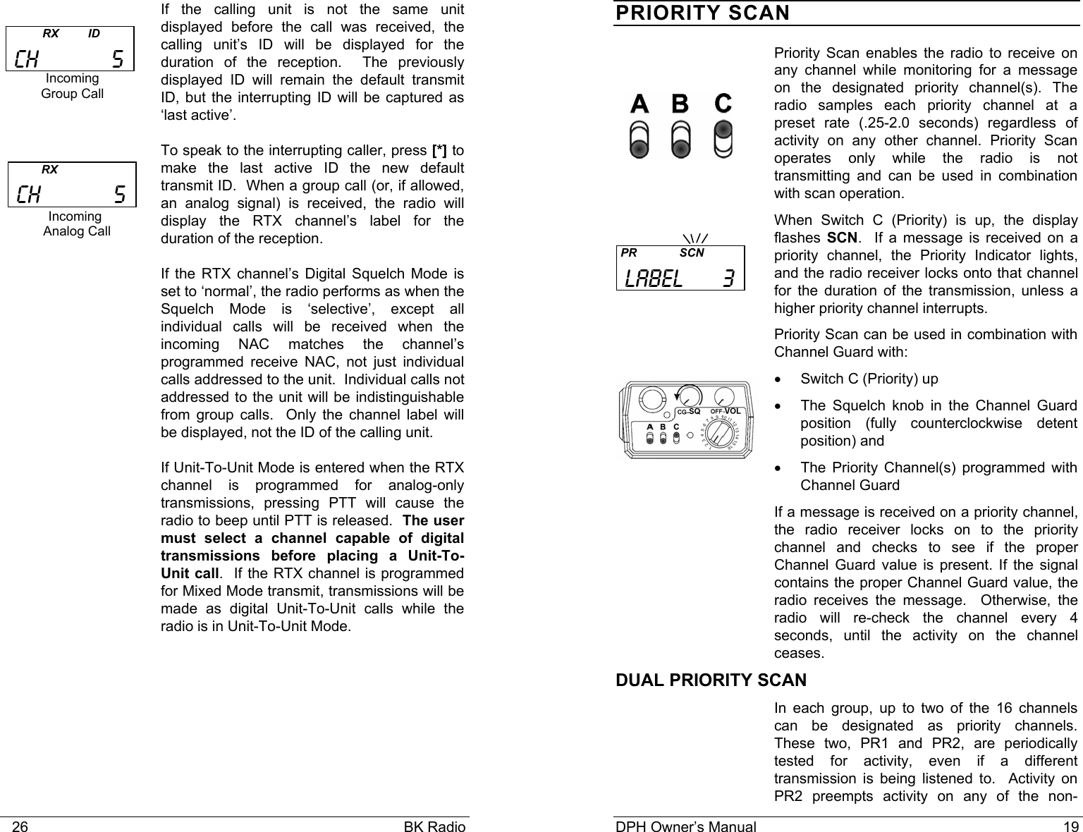    26                                                                                            BK Radio If the calling unit is not the same unit displayed before the call was received, the calling unit’s ID will be displayed for the duration of the reception.  The previously displayed ID will remain the default transmit ID, but the interrupting ID will be captured as ‘last active’. To speak to the interrupting caller, press [*] to make the last active ID the new default transmit ID.  When a group call (or, if allowed, an analog signal) is received, the radio will display the RTX channel’s label for the duration of the reception. If the RTX channel’s Digital Squelch Mode is set to ‘normal’, the radio performs as when the Squelch Mode is ‘selective’, except all individual calls will be received when the incoming NAC matches the channel’s programmed receive NAC, not just individual calls addressed to the unit.  Individual calls not addressed to the unit will be indistinguishable from group calls.  Only the channel label will be displayed, not the ID of the calling unit.   If Unit-To-Unit Mode is entered when the RTX channel is programmed for analog-only transmissions, pressing PTT will cause the radio to beep until PTT is released.  The user must select a channel capable of digital transmissions before placing a Unit-To-Unit call.  If the RTX channel is programmed for Mixed Mode transmit, transmissions will be made as digital Unit-To-Unit calls while the radio is in Unit-To-Unit Mode. Incoming  Group Call            RX         ID  CH           5           RX  CH           5 Incoming  Analog Call DPH Owner’s Manual                                                                           19           PRIORITY SCAN Priority Scan enables the radio to receive on any channel while monitoring for a message on the designated priority channel(s). The radio samples each priority channel at a preset rate (.25-2.0 seconds) regardless of activity on any other channel. Priority Scan operates only while the radio is not transmitting and can be used in combination with scan operation. When Switch C (Priority) is up, the display flashes  SCN.  If a message is received on a priority channel, the Priority Indicator lights, and the radio receiver locks onto that channel for the duration of the transmission, unless a higher priority channel interrupts. Priority Scan can be used in combination with Channel Guard with: •  Switch C (Priority) up •  The Squelch knob in the Channel Guard position (fully counterclockwise detent position) and •  The Priority Channel(s) programmed with Channel Guard If a message is received on a priority channel, the radio receiver locks on to the priority channel and checks to see if the proper Channel Guard value is present. If the signal contains the proper Channel Guard value, the radio receives the message.  Otherwise, the radio will re-check the channel every 4 seconds, until the activity on the channel ceases. DUAL PRIORITY SCAN In each group, up to two of the 16 channels can be designated as priority channels.  These two, PR1 and PR2, are periodically tested for activity, even if a different transmission is being listened to.  Activity on PR2 preempts activity on any of the non- PR             SCN  LABEL      3  
