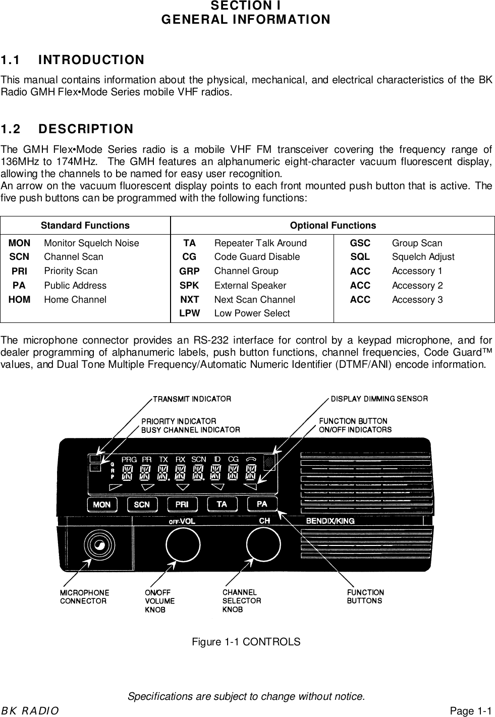 Specifications are subject to change without notice.BK RADIOPage 1-1SECTION IGENERAL INFORMATION1.1 INTRODUCTIONThis manual contains information about the physical, mechanical, and electrical characteristics of the BKRadio GMH Flex•Mode Series mobile VHF radios.1.2 DESCRIPTIONThe GMH Flex•Mode Series radio is a mobile VHF FM transceiver covering the frequency range of136MHz to 174MHz.  The GMH features an alphanumeric eight-character vacuum fluorescent display,allowing the channels to be named for easy user recognition.An arrow on the vacuum fluorescent display points to each front mounted push button that is active. Thefive push buttons can be programmed with the following functions:Standard Functions Optional FunctionsMON Monitor Squelch Noise TA Repeater Talk Around GSC Group ScanSCN Channel Scan CG Code Guard Disable SQL Squelch AdjustPRI Priority Scan GRP Channel Group ACC Accessory 1PA Public Address SPK External Speaker ACC Accessory 2HOM Home Channel NXT Next Scan Channel ACC Accessory 3LPW Low Power SelectThe microphone connector provides an RS-232 interface for control by a keypad microphone, and fordealer programming of alphanumeric labels, push button functions, channel frequencies, Code Guard™values, and Dual Tone Multiple Frequency/Automatic Numeric Identifier (DTMF/ANI) encode information.Figure 1-1 CONTROLS