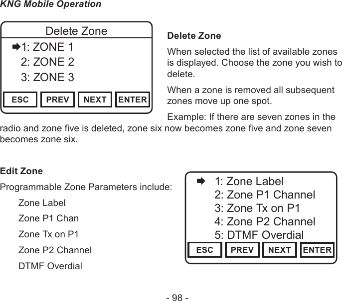 - 98 -KNG Mobile Operation                 Delete ZoneWhen selected the list of available zones is displayed. Choose the zone you wish to delete.When a zone is removed all subsequent zones move up one spot.Example: If there are seven zones in the radio and zone ve is deleted, zone six now becomes zone ve and zone seven becomes zone six.Edit ZoneProgrammable Zone Parameters include:  Zone Label  Zone P1 Channel  Zone Tx on P1  Zone P2 Channel  DTMF OverdialChannel 16Secure One155.645 MHzZPPH✓P1TXDØESC PREV NEXT ENTERDelete Zone1: ZONE 1   2: ZONE 2   3: ZONE 3Channel 16Secure One155.645 MHzZPPH✓P1TXDØESC PREV NEXT ENTER   1: Zone Label   2: Zone P1 Channel   3: Zone Tx on P1   4: Zone P2 Channel   5: DTMF Overdial