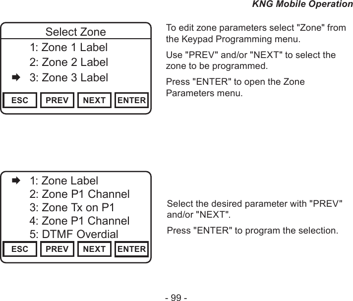 - 99 -KNG Mobile OperationChannel 16Secure One155.645 MHzZPPH✓P1TXDØESC PREV NEXT ENTERSelect Zone  1: Zone 1 Label   2: Zone 2 Label   3: Zone 3 LabelTo edit zone parameters select &quot;Zone&quot; from the Keypad Programming menu.Use &quot;PREV&quot; and/or &quot;NEXT&quot; to select the zone to be programmed.Press &quot;ENTER&quot; to open the Zone Parameters menu.Channel 16Secure One155.645 MHzZPPH✓P1TXDØESC PREV NEXT ENTER   1: Zone Label   2: Zone P1 Channel   3: Zone Tx on P1   4: Zone P1 Channel   5: DTMF OverdialSelect the desired parameter with &quot;PREV&quot; and/or &quot;NEXT&quot;.Press &quot;ENTER&quot; to program the selection.