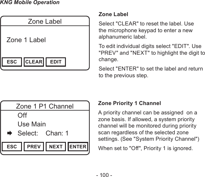 - 100 -KNG Mobile OperationChannel 16Secure One155.645 MHzZPPH✓P1TXDØESC CLEAR EDITZone Label  Zone 1 Label Zone LabelSelect &quot;CLEAR&quot; to reset the label. Use the microphone keypad to enter a new alphanumeric label.To edit individual digits select &quot;EDIT&quot;. Use &quot;PREV&quot; and &quot;NEXT&quot; to highlight the digit to change.Select &quot;ENTER&quot; to set the label and return to the previous step.Zone Priority 1 ChannelA priority channel can be assigned  on a zone basis. If allowed, a system priority channel will be monitored during priority scan regardless of the selected zone settings. (See &quot;System Priority Channel&quot;)When set to &quot;O&quot;, Priority 1 is ignored.Channel 16Secure One155.645 MHzZPPH✓P1TXDØESC PREV NEXT ENTERZone 1 P1 Channel  Off  Use Main   Select:    Chan: 1