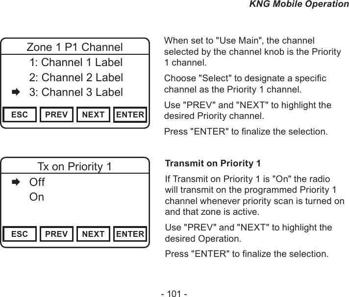 - 101 -KNG Mobile OperationWhen set to &quot;Use Main&quot;, the channel selected by the channel knob is the Priority 1 channel.Choose &quot;Select&quot; to designate a specic channel as the Priority 1 channel.Use &quot;PREV&quot; and &quot;NEXT&quot; to highlight the desired Priority channel. Press &quot;ENTER&quot; to nalize the selection.Channel 16Secure One155.645 MHzZPPH✓P1TXDØESC PREV NEXT ENTERTx on Priority 1   Off   OnTransmit on Priority 1If Transmit on Priority 1 is &quot;On&quot; the radio will transmit on the programmed Priority 1 channel whenever priority scan is turned on and that zone is active. Use &quot;PREV&quot; and &quot;NEXT&quot; to highlight the desired Operation. Press &quot;ENTER&quot; to nalize the selection.Channel 16Secure One155.645 MHzZPPH✓P1TXDØESC PREV NEXT ENTERZone 1 P1 Channel  1: Channel 1 Label   2: Channel 2 Label   3: Channel 3 Label