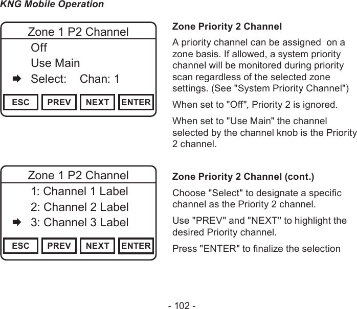 - 102 -KNG Mobile OperationChannel 16Secure One155.645 MHzZPPH✓P1TXDØESC PREV NEXT ENTERZone 1 P2 Channel  Off   Use Main   Select:    Chan: 1    Zone Priority 2 ChannelA priority channel can be assigned  on a zone basis. If allowed, a system priority channel will be monitored during priority scan regardless of the selected zone settings. (See &quot;System Priority Channel&quot;)When set to &quot;O&quot;, Priority 2 is ignored.When set to &quot;Use Main&quot; the channel selected by the channel knob is the Priority 2 channel.Zone Priority 2 Channel (cont.)Choose &quot;Select&quot; to designate a specic channel as the Priority 2 channel.Use &quot;PREV&quot; and &quot;NEXT&quot; to highlight the desired Priority channel. Press &quot;ENTER&quot; to nalize the selectionChannel 16Secure One155.645 MHzZPPH✓P1TXDØESC PREV NEXT ENTERZone 1 P2 Channel  1: Channel 1 Label   2: Channel 2 Label   3: Channel 3 Label