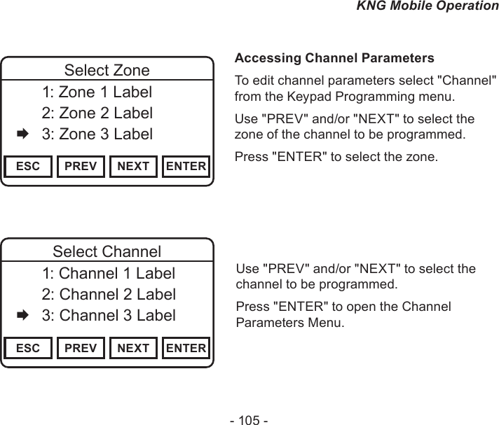 - 105 -KNG Mobile Operation Channel 16Secure One155.645 MHzZPPH✓P1TXDØESC PREV NEXT ENTERSelect Zone  1: Zone 1 Label   2: Zone 2 Label   3: Zone 3 LabelAccessing Channel ParametersTo edit channel parameters select &quot;Channel&quot; from the Keypad Programming menu.Use &quot;PREV&quot; and/or &quot;NEXT&quot; to select the zone of the channel to be programmed.Press &quot;ENTER&quot; to select the zone.Channel 16Secure One155.645 MHzZPPH✓P1TXDØESC PREV NEXT ENTERSelect Channel  1: Channel 1 Label   2: Channel 2 Label   3: Channel 3 LabelUse &quot;PREV&quot; and/or &quot;NEXT&quot; to select the channel to be programmed.Press &quot;ENTER&quot; to open the Channel Parameters Menu.