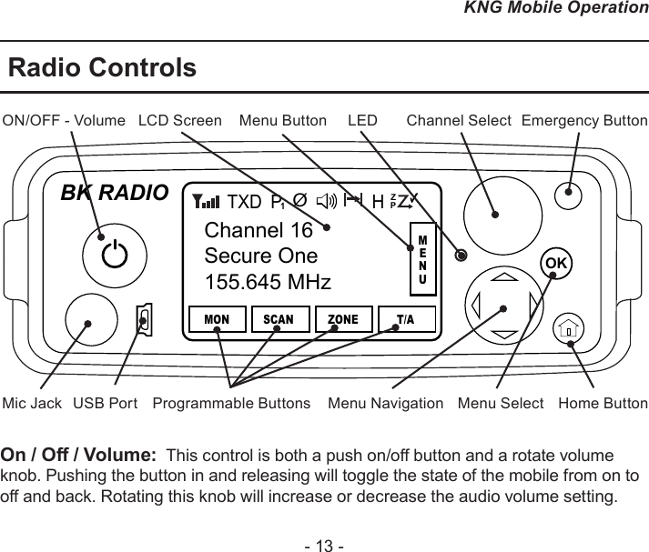 - 13 -KNG Mobile OperationRadio ControlsChannel SelectOKBK RADIOChannel 16Secure One155.645 MHzMONP1TXDSCAN ZONE T/AZPPH✓ØMENUON/OFF - Volume Emergency ButtonLCD ScreenMenu NavigationMic Jack Home ButtonUSB Port Programmable Buttons Menu SelectLEDMenu ButtonOn / O / Volume:  This control is both a push on/o button and a rotate volume knob. Pushing the button in and releasing will toggle the state of the mobile from on to o and back. Rotating this knob will increase or decrease the audio volume setting.