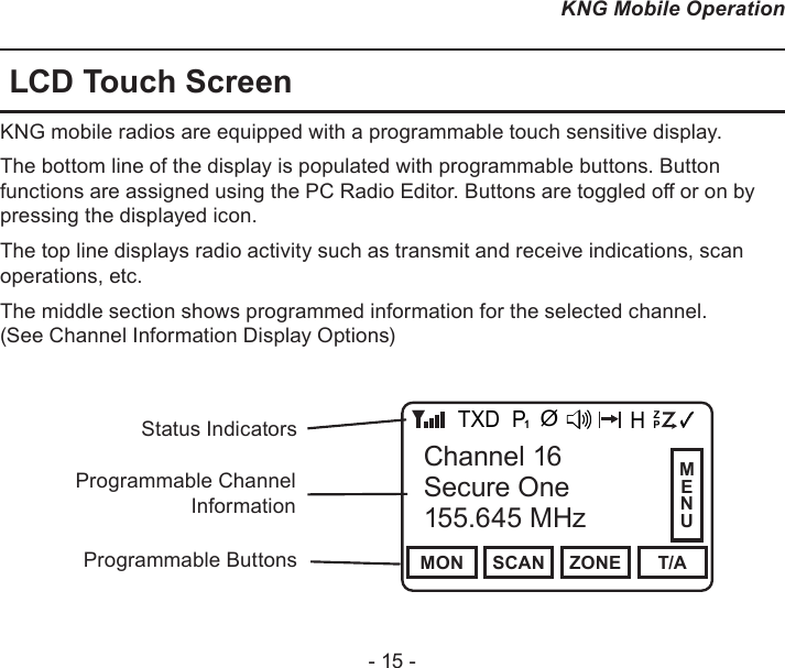 - 15 -KNG Mobile OperationLCD Touch ScreenKNG mobile radios are equipped with a programmable touch sensitive display. The bottom line of the display is populated with programmable buttons. Button functions are assigned using the PC Radio Editor. Buttons are toggled o or on by pressing the displayed icon.The top line displays radio activity such as transmit and receive indications, scan operations, etc.The middle section shows programmed information for the selected channel. (See Channel Information Display Options)Channel 16Secure One155.645 MHzZPPH✓P1TXDØMON SCAN ZONE T/AChannel 16Secure One155.645 MHzMENUProgrammable ButtonsStatus IndicatorsProgrammable Channel Information