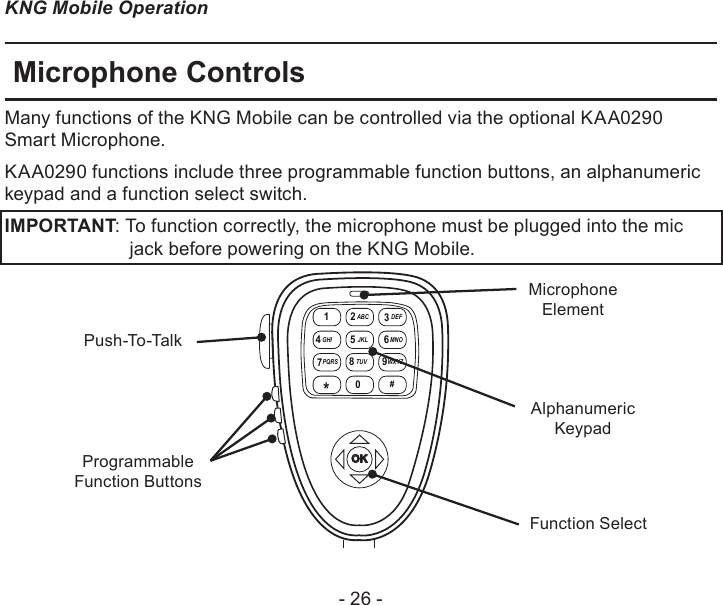 - 26 -KNG Mobile OperationMicrophone ControlsMany functions of the KNG Mobile can be controlled via the optional KAA0290 Smart Microphone. KAA0290 functions include three programmable function buttons, an alphanumeric keypad and a function select switch.IMPORTANT: To function correctly, the microphone must be plugged into the mic                        jack before powering on the KNG Mobile.OKABC DEFGHI JKL MNO  PQRS TUV WXYZ*# 1 234 7 89560Function SelectAlphanumeric KeypadPush-To-TalkProgrammable Function ButtonsMicrophoneElement
