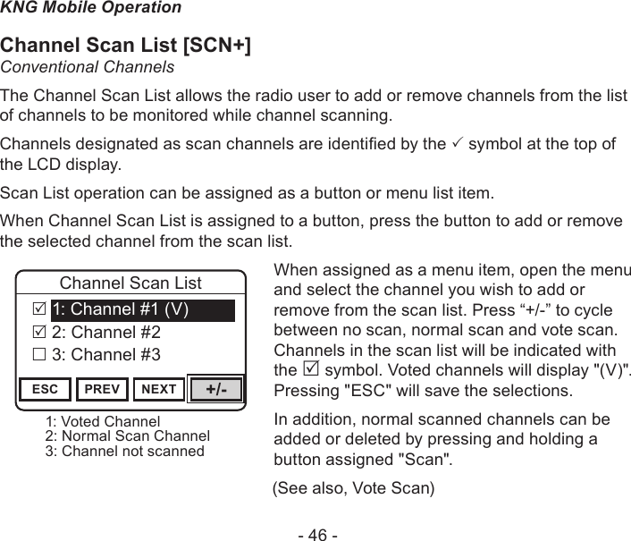 - 46 -KNG Mobile OperationChannel Scan List [SCN+]Conventional ChannelsThe Channel Scan List allows the radio user to add or remove channels from the list of channels to be monitored while channel scanning. Channels designated as scan channels are identied by the  symbol at the top of the LCD display. Scan List operation can be assigned as a button or menu list item.When Channel Scan List is assigned to a button, press the button to add or remove the selected channel from the scan list.1: Voted Channel2: Normal Scan Channel3: Channel not scannedChannel 16Secure One155.645 MHzZPPH✓P1TXDØESC PREV NEXT +/-Channel Scan List 1: Channel #1 (V) 2: Channel #2 3: Channel #3When assigned as a menu item, open the menu and select the channel you wish to add or remove from the scan list. Press “+/-” to cycle between no scan, normal scan and vote scan. Channels in the scan list will be indicated with the  symbol. Voted channels will display &quot;(V)&quot;. Pressing &quot;ESC&quot; will save the selections.In addition, normal scanned channels can be added or deleted by pressing and holding a button assigned &quot;Scan&quot;.             (See also, Vote Scan)