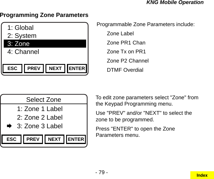 - 79 -KNG Mobile OperationProgramming Zone ParametersChannel 16Secure One155.645 MHzZPPH✓P1TXDØESC PREV NEXT ENTER1: Global2: System3: Zone4: ChannelProgrammable Zone Parameters include:  Zone Label  Zone PR1 Channel  Zone Tx on PR1  Zone P2 Channel  DTMF OverdialChannel 16Secure One155.645 MHzZPPH✓P1TXDØESC PREV NEXT ENTERSelect Zone  1: Zone 1 Label   2: Zone 2 Label   3: Zone 3 LabelTo edit zone parameters select &quot;Zone&quot; from the Keypad Programming menu.Use &quot;PREV&quot; and/or &quot;NEXT&quot; to select the zone to be programmed.Press &quot;ENTER&quot; to open the Zone Parameters menu.Index