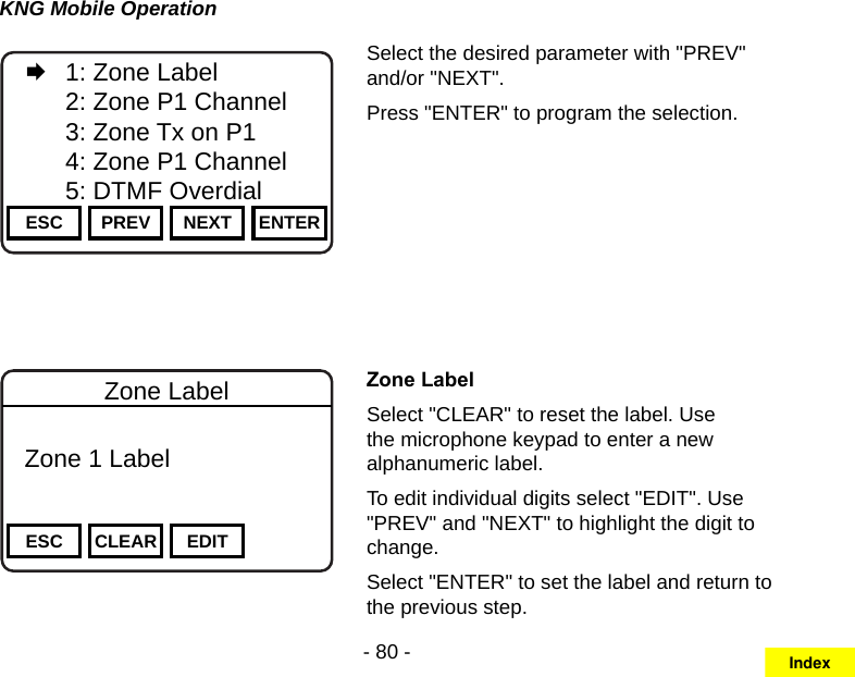 - 80 -KNG Mobile OperationChannel 16Secure One155.645 MHzZPPH✓P1TXDØESC PREV NEXT ENTER   1: Zone Label   2: Zone P1 Channel   3: Zone Tx on P1   4: Zone P1 Channel   5: DTMF OverdialSelect the desired parameter with &quot;PREV&quot; and/or &quot;NEXT&quot;.Press &quot;ENTER&quot; to program the selection.Channel 16Secure One155.645 MHzZPPH✓P1TXDØESC CLEAR EDITZone Label  Zone 1 Label Zone LabelSelect &quot;CLEAR&quot; to reset the label. Use the microphone keypad to enter a new alphanumeric label.To edit individual digits select &quot;EDIT&quot;. Use &quot;PREV&quot; and &quot;NEXT&quot; to highlight the digit to change.Select &quot;ENTER&quot; to set the label and return to the previous step.Index